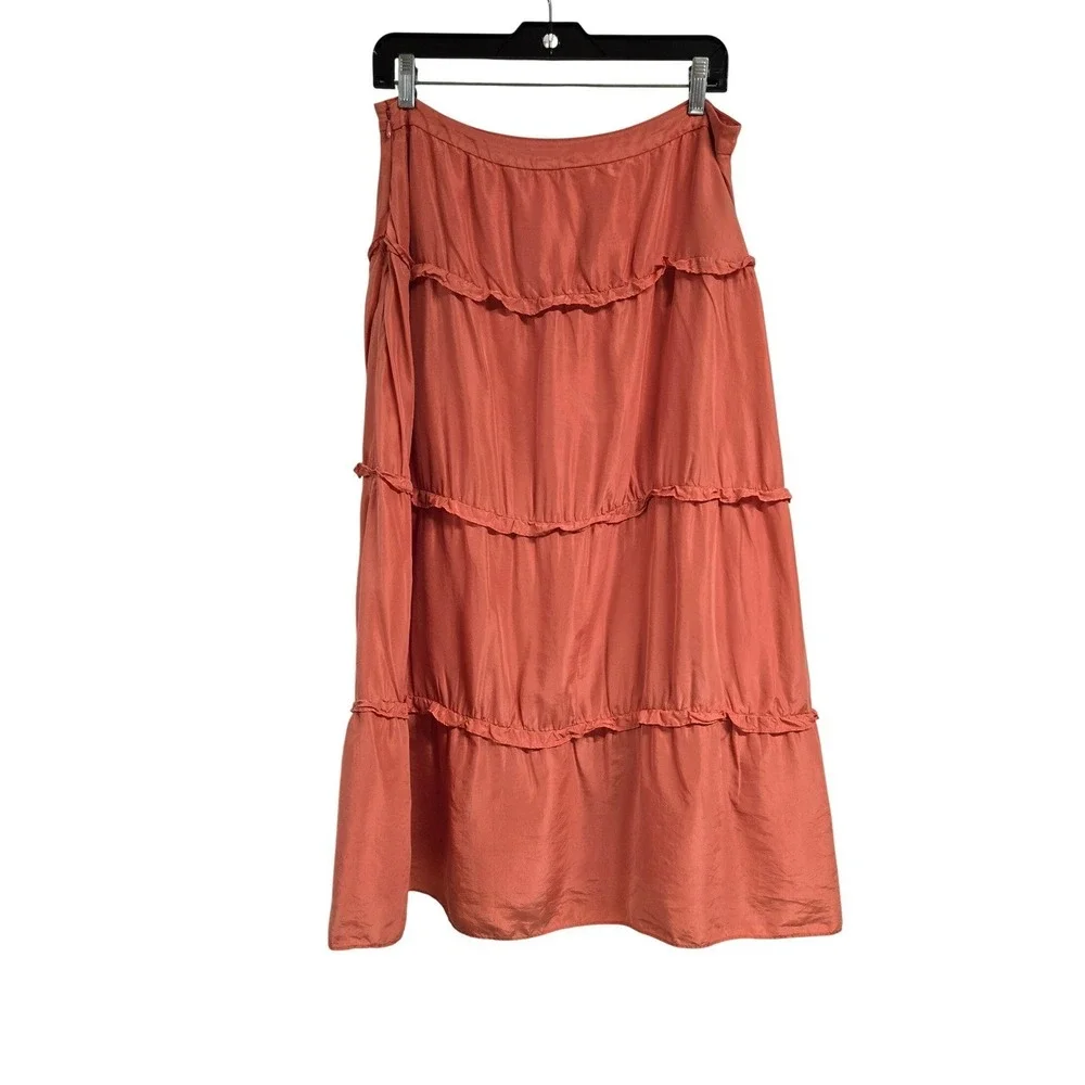 City DKNY Silk Tiered Midi‎ Skirt Coral Orange Ruffle Boho Women's Sz 10 VINTAGE
